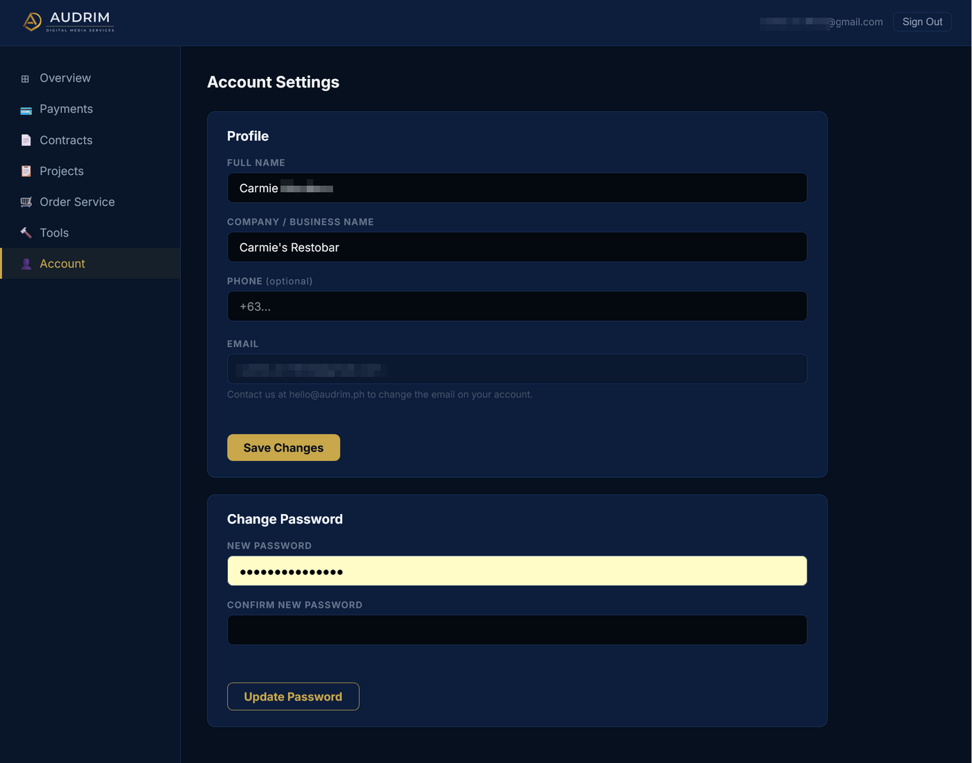 ADMS client portal Account Settings screen showing editable profile fields and a change password form