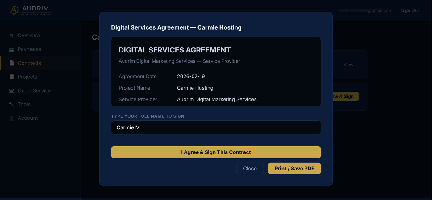 ADMS client portal contract signing screen with the agreement terms and a type-your-name-to-sign field