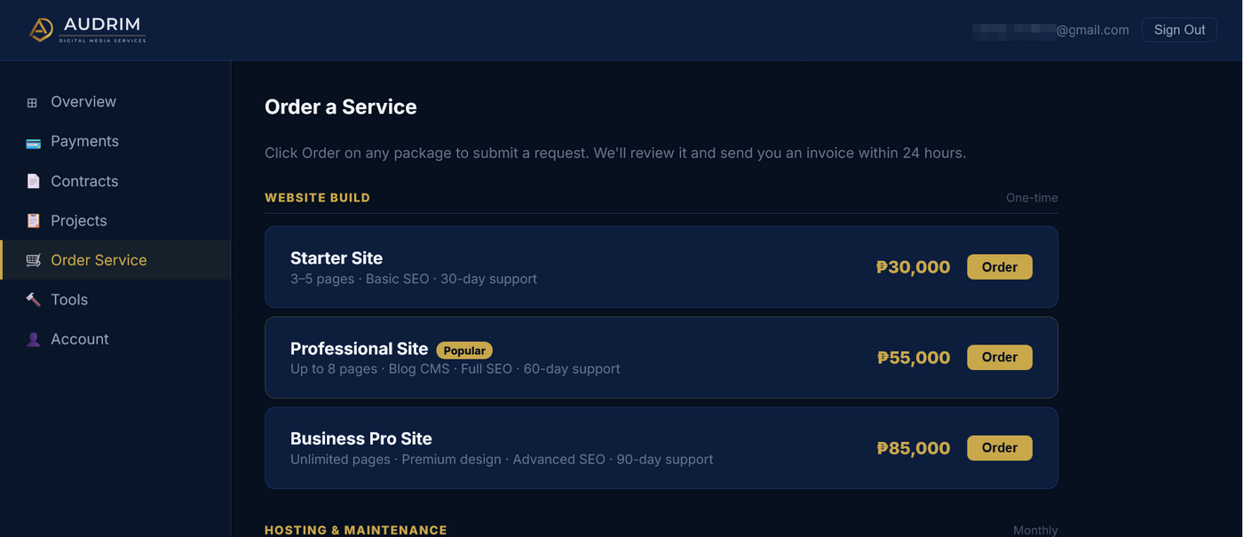 ADMS client portal Order a Service screen showing website build packages with transparent pricing and one-click ordering