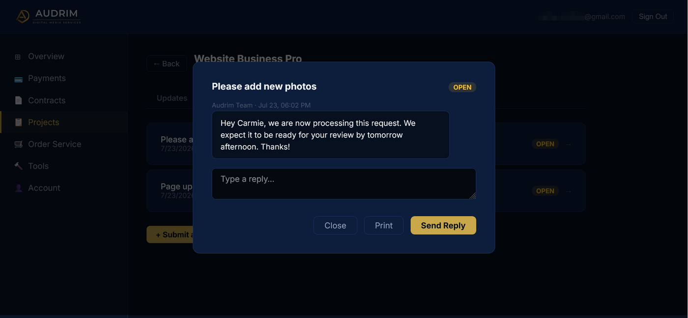 ADMS client portal support ticket thread showing a client request and the Audrim team's reply